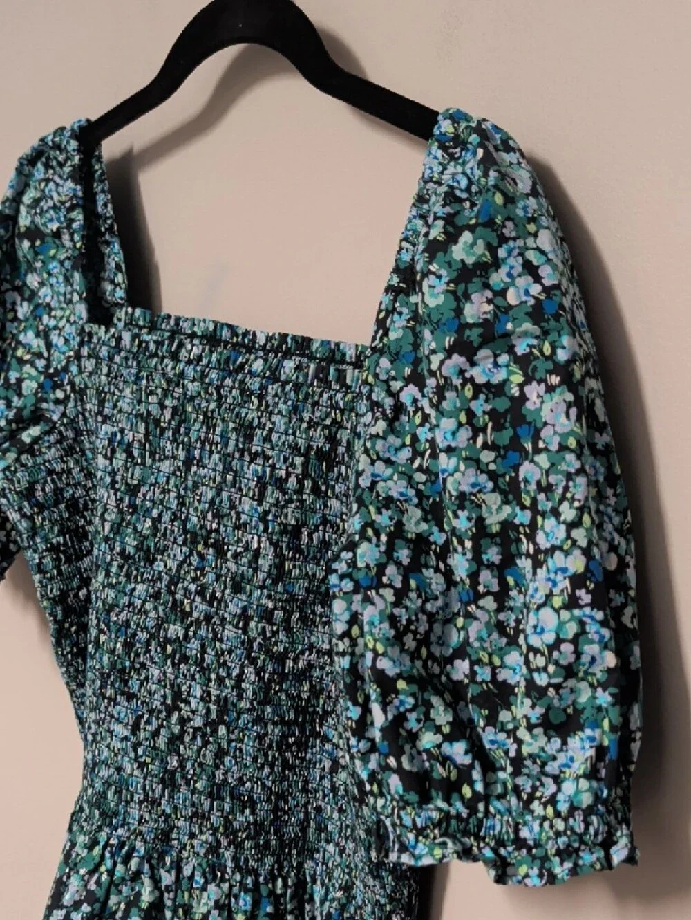 J. Crew Smocked Square-Neck Floral Top in Teal and Black